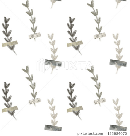 Seamless pattern with abstract floral branches glued on washi tapes in minimalist style. Botanical illustrations in pastel colors.  123684070