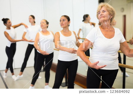 Dancing women perform the battement tendu movement near a barre, where the choreographer helps to perform the exercise 123684092