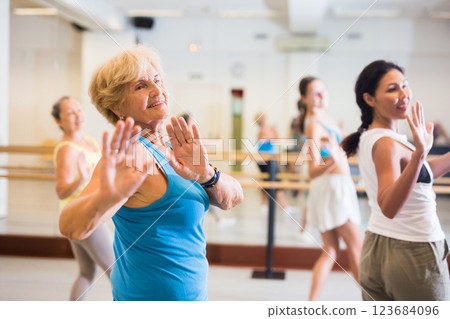 Active women enjoying training in dance studio, dance class for adults Active women enjoying training in dance studio, dance class for adults 123684096