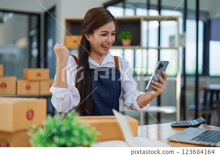 Excited young woman celebrating success while using smartphone to see data delivery products customer profit Selling products of This month Excited young woman celebrating success while using smartphone to see data delivery products customer profit Selling products of This month 123684164