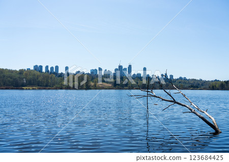 Deer Lake Park lakeshore. Metrotown modern buildings skyline in the background. Burnaby, BC, Canada. Deer Lake Park lakeshore. Metrotown modern buildings skyline in the background. Burnaby, BC, Canada. 123684425