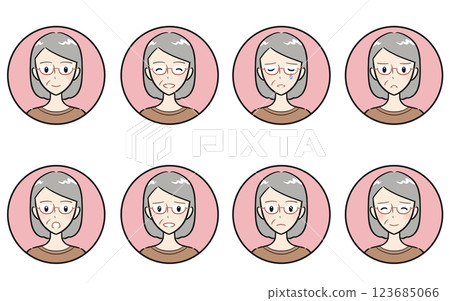 Icon set of senior and elderly women's emotions and emotions - pink Icon set of senior and elderly women's emotions and emotions - pink 123685066
