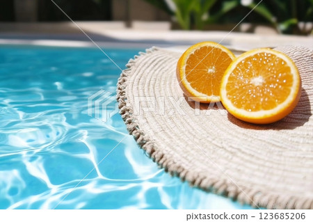 Creative summer composition made of sliced orange in transparent pool water. Refreshment concept. Healthy refreshing drink theme. Top view Creative summer composition made of sliced orange in transparent pool water. Refreshment concept. Healthy refreshing drink theme. Top view 123685206