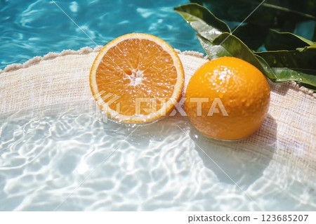 Creative summer composition made of sliced orange in transparent pool water. Refreshment concept. Healthy refreshing drink theme. Top view 123685207