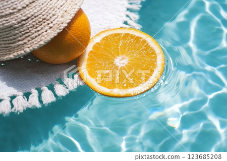 Creative summer composition made of sliced orange in transparent pool water. Refreshment concept. Healthy refreshing drink theme. Top view 123685208