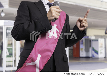 Candidate giving an election speech on the street - election campaign image Candidate giving an election speech on the street - election campaign image 123685227