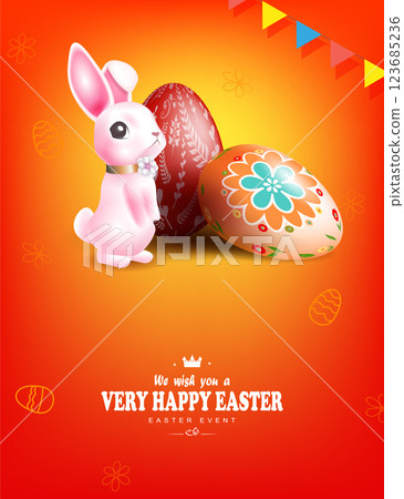 Easter orange illustration with cute pink bunny and painted eggs 123685236