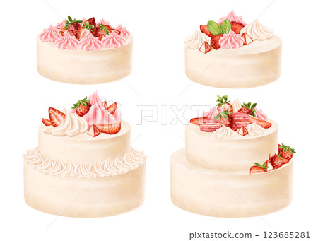 Confectionery set of objects. Pastel sponge cakes, decoration of cream, whipped cream, juicy strawberry and leaf. Pastry dessert for birthday, home parties, sweet gift. Digital isolated illustration 123685281