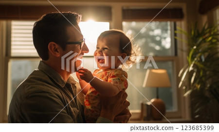 happy father holding baby daughter at home 123685399