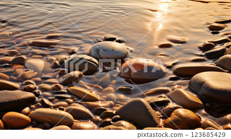 smooth river rocks in shallow water at sunset 123685429
