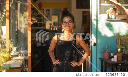 happy young woman small business owner standing in shop doorway happy young woman small business owner standing in shop doorway 123685430