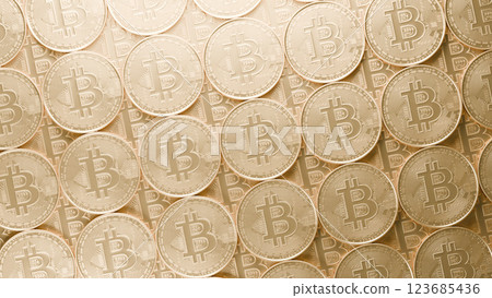 Top view of bitcoin coins on the blue background. Cryptocurrency coins pattern. Bitcoin flat lay. 3d rendering. Top view of bitcoin coins on the blue background. Cryptocurrency coins pattern. Bitcoin flat lay. 3d rendering. 123685436