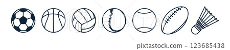 Sport equipment set. Sport balls like soccer, football, basketball, baseball, tennis and badminton ruffle. Outline icons Sport equipment set. Sport balls like soccer, football, basketball, baseball, tennis and badminton ruffle. Outline icons 123685438