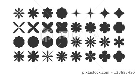 Postmodern geometric abstract shapes, Retro design symbols in Y2K. Brutalist vector shapes, trendy retro design symbols in Y2K style. Geometric shapes set. 123685450