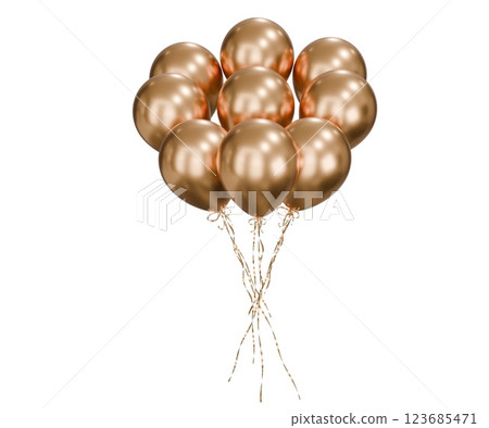 Party celebration balloons. Gold color balloons bunch. 3d rendering. Applicable for birthday holiday design. 123685471