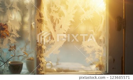 winter window frost cozy morning sunlight winter window frost cozy morning sunlight 123685571