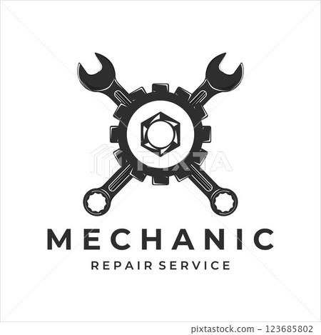 mechanic logo vintage vector illustration template icon label design. wrench gear bolt logo for professional engineer concept design mechanic logo vintage vector illustration template icon label design. wrench gear bolt logo for professional engineer concept design 123685802