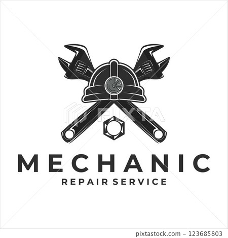 mechanic logo vintage vector illustration template icon label design. wrench and helmet for safety professional engineer concept design 123685803