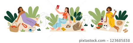 Vector illustration set of young women enjoying picnic outdoors. Relaxing, taking selfies, drinking wine on picnic blankets with food baskets, snacks, drinks. Me time concept, flat cartoon characters 123685838