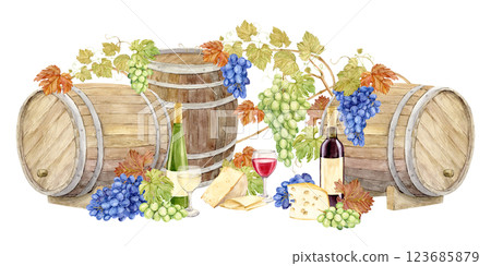 Composition of oak barrels, wine bottles, grapes and glasses with red and white wine. Watercolor illustration with homemade wine and cheese. Concept of old winery and vineyard in retro rural style. Composition of oak barrels, wine bottles, grapes and glasses with red and white wine. Watercolor illustration with homemade wine and cheese. Concept of old winery and vineyard in retro rural style. 123685879