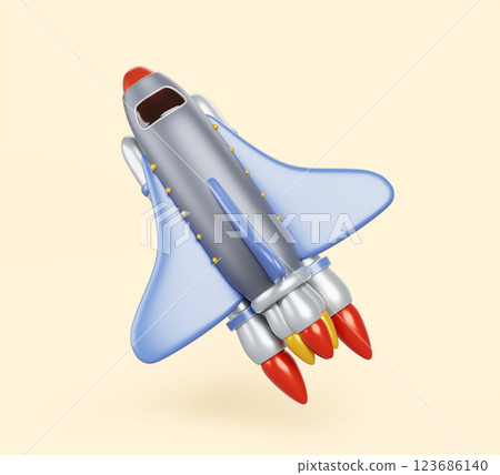 Space shuttle cartoon 3d render icon. Spacecraft with solid rocket boosters and fire, launch vehicle for cosmic missions and exploration. Spaceship isolated on light background. 3D illustration 123686140