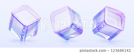 3d set of crystal light holographic glass cube render icon. Abstract transparent block shapes with hologram purple pink gradient, dispersion effect. Isolated glossy square box objects. 3D illustration 123686142
