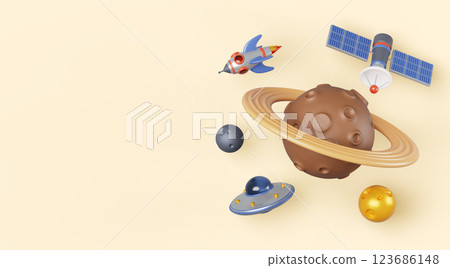 3d space exploration banner design template with place for text. Cartoon render icon of rocket, ufo alien spaceship, planet Saturn, Sun and Moon, stars and satellites flying in cosmos. 3D illustration 123686148