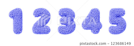 3d fur font, blue fluffy numbers from 1 to 5. Isolated furry type digits with animal hairy texture for fun education kids, birthday. Fashion typography set. Soft fuzzy curly wavy text. 3D illustration 123686149