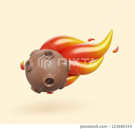 3d comet or meteor trail and magic fire effect render. Stone asteroid with craters, meteorite fireball shooting isolated shower sparkle motion. Falling meteoroid, cartoon render icon. 3D illustration 123686154