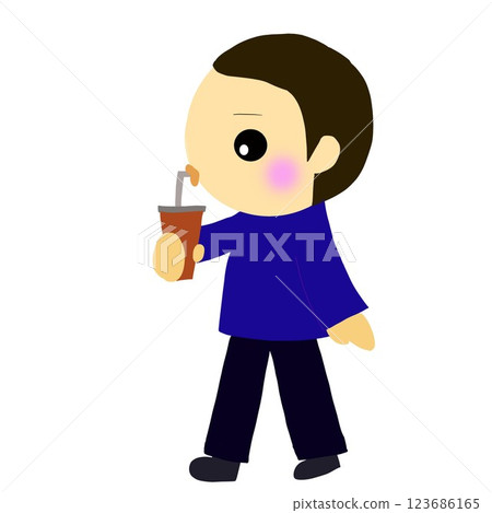 A man walking while drinking a takeaway drink 123686165