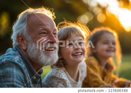 A happy moment for a grandfather smiling and spending time with his grandson 123686386