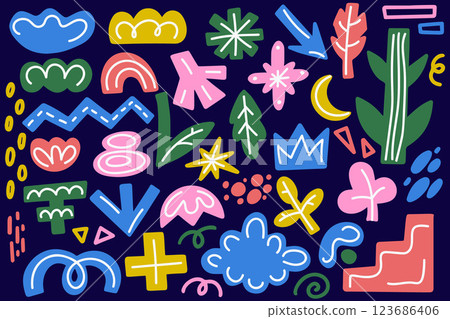 Abstract organic shapes on dark background. Retro vector set with clouds flowers and funky stars. Doodle stickers with cute hand drawn scribbles and blobs. 90s aesthetic collage. 123686406