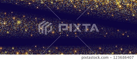 Golden glitter on black background. Dusty and confetti dotted pattern with halftone effect. Glowing sparkles and shiny stars. Abstract vector shimmer texture with magic yellow particles of powder. 123686407