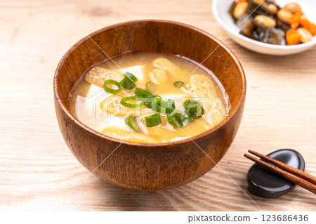 Miso soup with tofu and deep-fried tofu Miso soup with tofu and deep-fried tofu 123686436