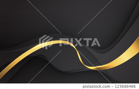 Abstract gold line ribbon curve overlap on black fabric wave design modern luxury elegant background vector 123686466