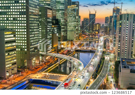 Osaka night view: Breathtaking magic hour at Nakanoshima 123686517