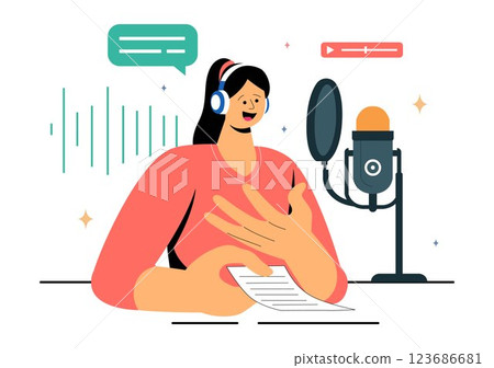 Voice Acting Vector Illustration featuring a Movie Production Cast Member Performing Voice Acting for a Film Scene, Dubbing a Film, or a TV Series 123686681