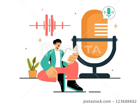 Voice Acting Vector Illustration featuring a Movie Production Cast Member Performing Voice Acting for a Film Scene, Dubbing a Film, or a TV Series 123686682