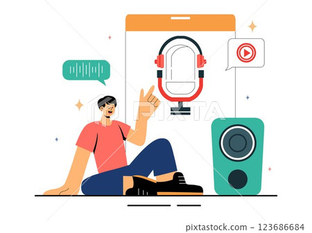 Voice Acting Vector Illustration featuring a Movie Production Cast Member Performing Voice Acting for a Film Scene, Dubbing a Film, or a TV Series 123686684