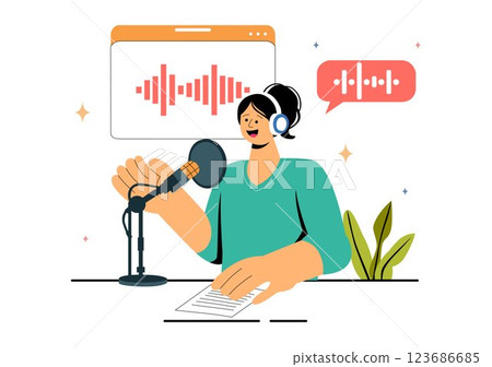 Voice Acting Vector Illustration featuring a Movie Production Cast Member Performing Voice Acting for a Film Scene, Dubbing a Film, or a TV Series Voice Acting Vector Illustration featuring a Movie Production Cast Member Performing Voice Acting for a Film Scene, Dubbing a Film, or a TV Series 123686685