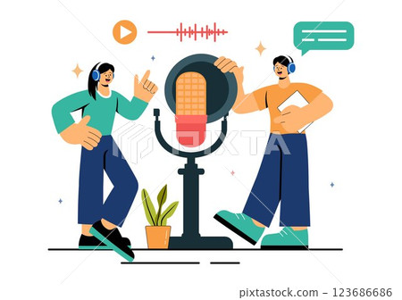 Voice Acting Vector Illustration featuring a Movie Production Cast Member Performing Voice Acting for a Film Scene, Dubbing a Film, or a TV Series Voice Acting Vector Illustration featuring a Movie Production Cast Member Performing Voice Acting for a Film Scene, Dubbing a Film, or a TV Series 123686686