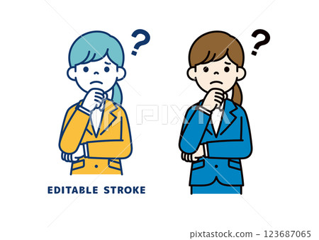 Vector illustration of a young female office worker who is worried with her hand on her chin_Line width can be edited 123687065