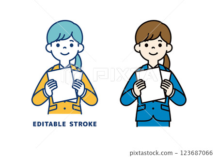 一位年輕女職員微笑著拿著文件的向量插圖_線寬可編輯 123687066