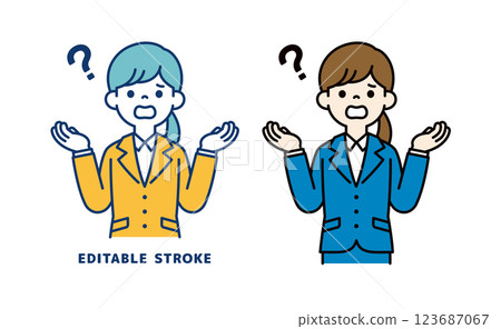 Vector illustration of a young female office worker shrugging her shoulders and asking "Why?" Editable line width 123687067