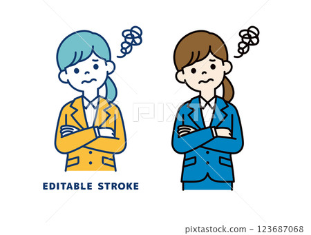 Vector illustration of a young female office worker with her arms folded and in trouble_Line width can be edited 123687068