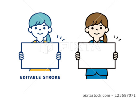 一位年輕女職員拿著白板的向量插圖_線寬可編輯 123687071