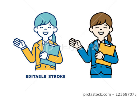一位年輕女職員一手拿著文件解釋某事的向量插圖_線寬可以編輯 123687073