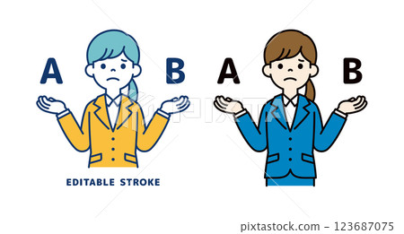 一位年輕女職員比較和考慮兩個選項的向量插圖_線寬可以編輯 123687075