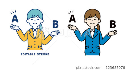 一位年輕女職員比較並解決了這兩個選項的向量插圖_線寬可以編輯 123687076