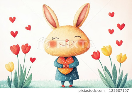 Cute bunny surrounded by hearts and colorful flowers, symbolizing love and joy, perfect for celebrating spring or Valentine's Day 123687107